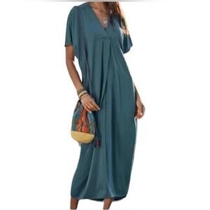 Peruvian Connection Thebes Grecian Kaftan Maxi Dress w/ Pockets Blue XS S
